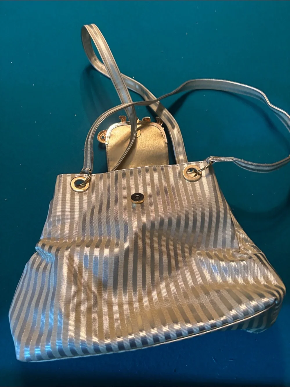 Gold Metallic Stripe Tote with Elephant Accent